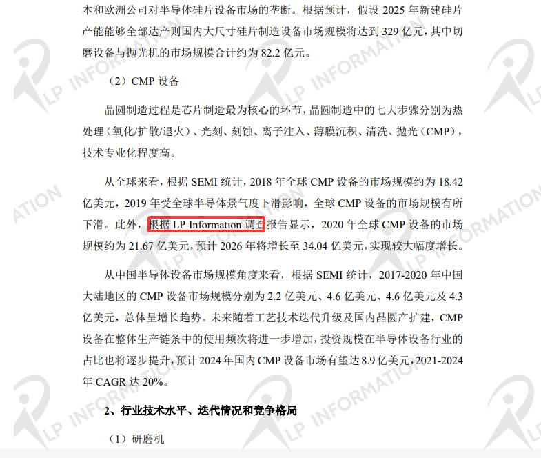 关于光力科技股份有限公司申请向不特定对象发行可转换公司债券的第二轮审核问询函的回复中引用了LP Information发布的【全球CMP 设备市场调研报告】的数据