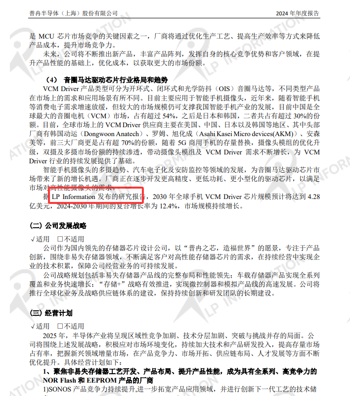普冉半导体(上海)股份有限公司2024 年年度报告中引用了LP Information发布的【全球手机 VCM Driver 芯片市场调研报告】的数据