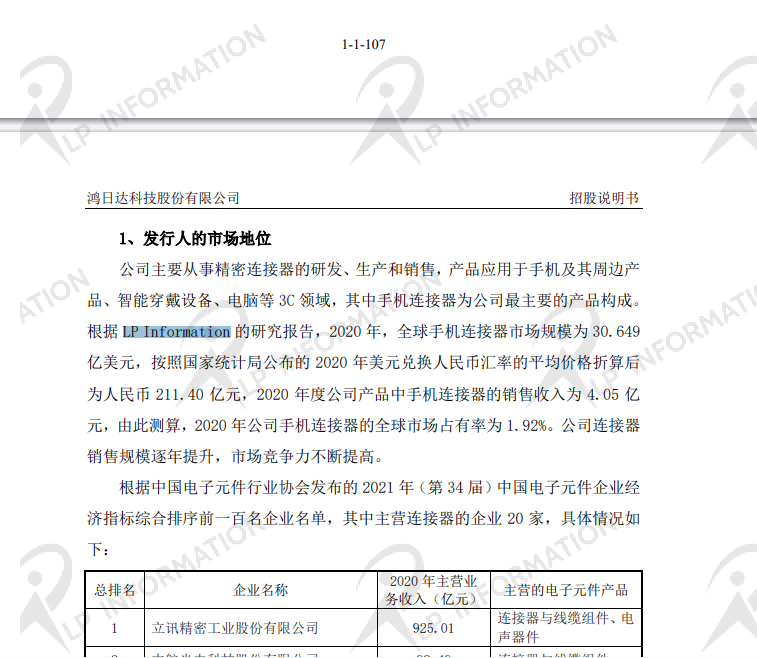 鸿日达科技股份有限公司在首次公开发行股票并在创业板上市招股说明书引用了LP Information发布的<全球手机连接器市场报告>中的数据