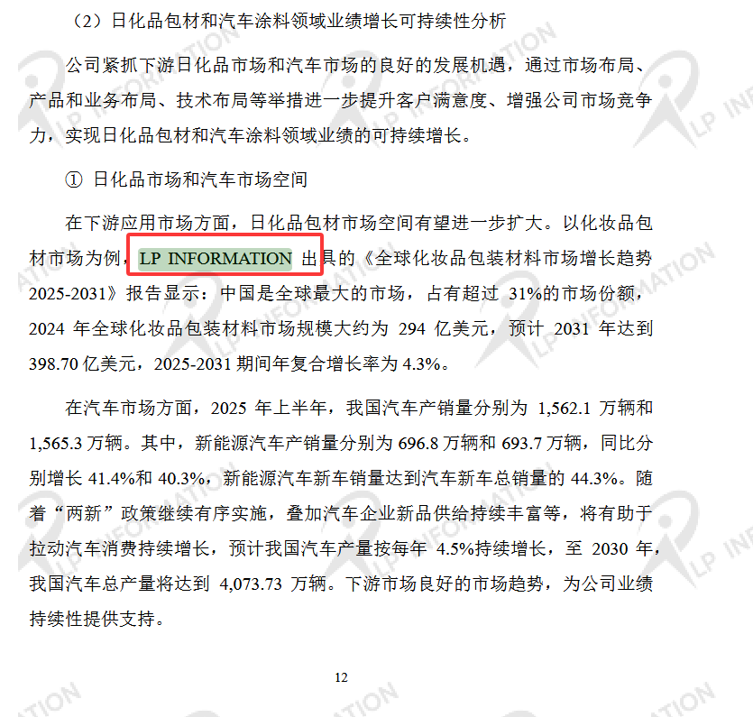 关于金桥德克新材料股份有限公司首次公开发行股票并在创业板上市申请文件的审核问询函中引用了LP Information发布的【全球化妆品包装材料市场增长趋势】数据